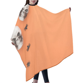 Personality  Top View Of Decorative Skulls And Spiders On Orange Background With Copy Space Hair Cutting Cape