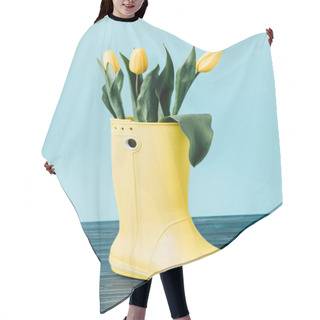 Personality  Close Up View Of Yellow Tulips In Rubber Boot On Blue Hair Cutting Cape