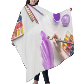 Personality  Cropped View Of Artist Drawing Purple Watercolor Brushstrokes On White Paper On Marble White Surface Hair Cutting Cape