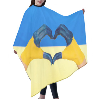 Personality  Cropped View Of Painted Hands Showing Heart Sign On Ukrainian Flag Background Hair Cutting Cape