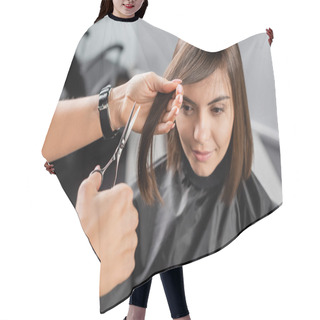 Personality  Beauty Profession, Hairdo, Hair Stylist Cutting Short Brunette Hair Of Young Woman, Haircut, Professional, Beauty Salon Work, Haircut, Hairdressing Cape, Salon Beauty Tools, Scissors  Hair Cutting Cape