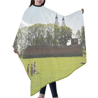 Personality  Three Children On Field By Livonia Order Castle Ruins And Church Hair Cutting Cape