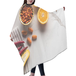 Personality  Top View Of Orange, Bowl With Berries And Chili Peppers On Marble Surface Hair Cutting Cape