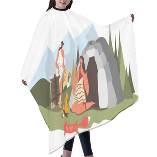 Personality  People Sewing Clothes From Fur And Skin Of Killed Animals. Prehistoric Period Culture And Daily Life, Women Caring For Cave Houses And Household. Girls By Small Fireplace. Vector In Flat Style Hair Cutting Cape