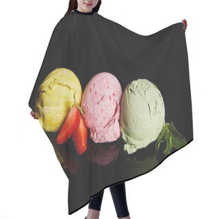 Personality  Delicious Lemon, Strawberry And Mint Ice Cream Balls Isolated On Black Hair Cutting Cape