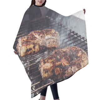 Personality  Selective Focus Of Juicy Tasty Steaks Grilling On Barbecue Grill Grade With Smoke Hair Cutting Cape