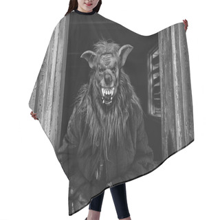 Personality  Black And White Photo Of Person In Creepy Mask In Wooden House Hair Cutting Cape