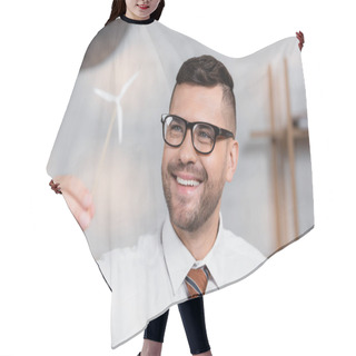 Personality  Cheerful Architect In Eyeglasses Smiling While Holding Model Of Wind Turbine Hair Cutting Cape