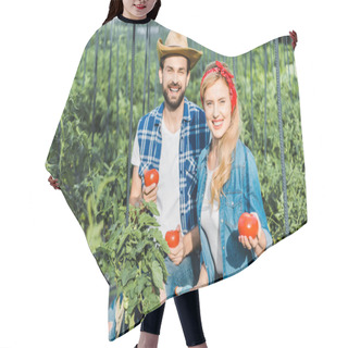 Personality  Happy Couple Of Farmers Holding Ripe Tomatoes In Field At Farm And Looking At Camera Hair Cutting Cape