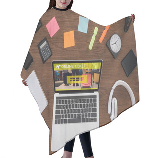 Personality  Top View Of Wooden Table With Empty Textbook, Smartphone, Photo Camera And Laptop With Online Ticket On Screen Hair Cutting Cape