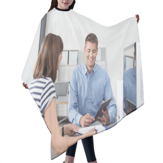 Personality  Happy Business People Talking With Tablet Computer Hair Cutting Cape