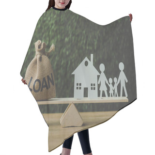 Personality  Paper House And Paper Cut Family Balancing On Swing With Money Bag With Loan Inscription On Green Background Hair Cutting Cape