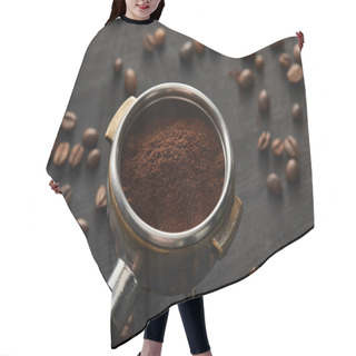 Personality  Portafilter Filled With Fresh Coffee On Dark Wooden Surface With Coffee Beans Hair Cutting Cape