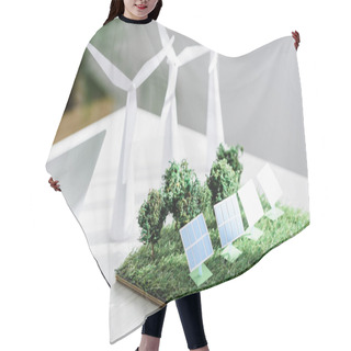 Personality  Table With Trees, Windmills And Solar Panels Models On Grass In Office Hair Cutting Cape