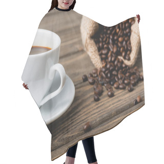 Personality  Blurred Sack Bag With Roasted Coffee Beans Near Cup On Wooden Surface  Hair Cutting Cape