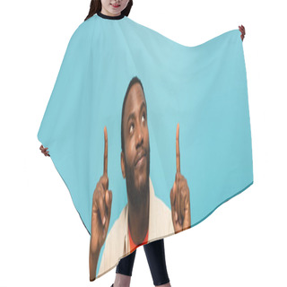 Personality  Smiling African American Man Pointing Up With Fingers Isolated On Blue, Banner Hair Cutting Cape