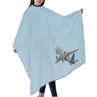 Personality  Low Angle View Of Airplane Taking Off In Blue Sky Hair Cutting Cape