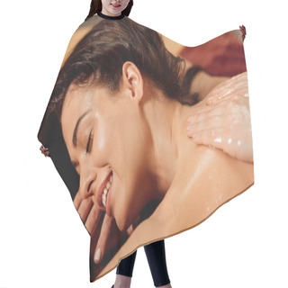 Personality  Smiling Young Woman Lying With Closed Eyes During Ayurvedic Massage Hair Cutting Cape