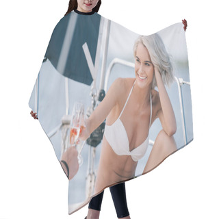 Personality  Cropped Image Of Man And Smiling Girlfriend In Swimwear Clinking By Champagne Glasses On Yacht  Hair Cutting Cape