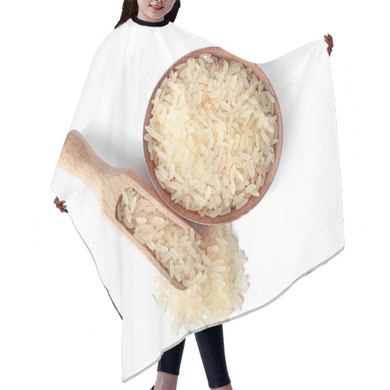 Personality  Bowl And Scoop With Uncooked Parboiled Rice On White Background, Top View Hair Cutting Cape