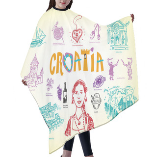 Personality  Croatia Culture And Tourist Spots Doodle Handdrawn Style Images. Vector EPS10 Illustration Outline Art And Jpg Versions. Hair Cutting Cape