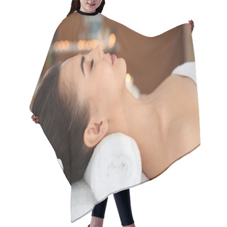 Personality  Young Woman Lying On Massage Table In Spa Salon Hair Cutting Cape