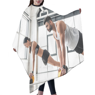 Personality  Side View Of Athletic Young Couple In Sportswear Exercising With Medicine Balls On Yoga Mats In Gym Hair Cutting Cape