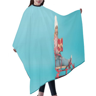 Personality  Girl In Warm Hat And Sweater Sitting In Sled With Red Gift Box On Blue, Banner Hair Cutting Cape