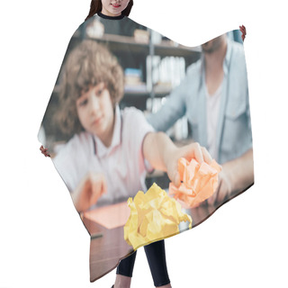 Personality  Boy With Crumpled Colorful Paper Hair Cutting Cape