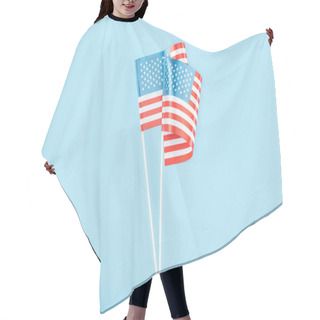 Personality  Top View Of Two American Flags On Sticks On Blue Background Hair Cutting Cape