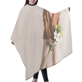 Personality  Cropped View Of Woman Holding Flowers In Hands, Standing On Curtain Background Hair Cutting Cape