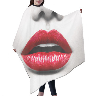 Personality  Sexy Lips. Conceptual Image With Vivid Red Open Mouth Hair Cutting Cape