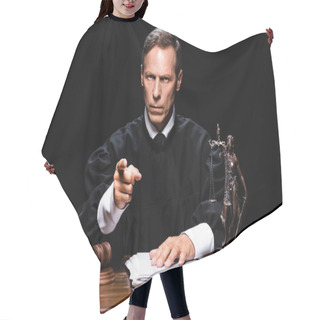 Personality  Judge In Judicial Robe Sitting At Table And Pointing With Finger Isolated On Black Hair Cutting Cape