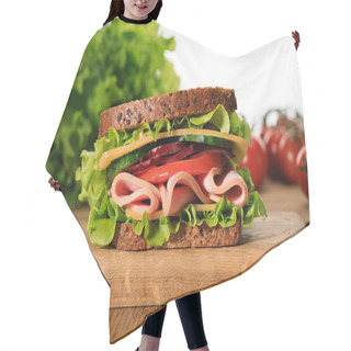 Personality  Fresh Sandwich With Lettuce, Ham, Cheese, Bacon And Tomato On Wooden Cutting Board Isolated On White Hair Cutting Cape