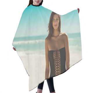 Personality  Fashion Woman In Black Swimsuit Hair Cutting Cape
