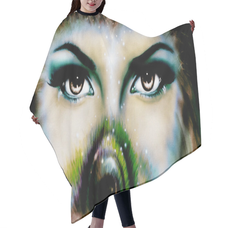 Personality  Women Eyes Looking Up Mysteriously From Behind A Small Rainbow Colored Peacock Feather. Eye Contact. Hair Cutting Cape