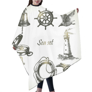 Personality  Sea Set Of Nautical Design Elements. Hand Drawn Illustrations Hair Cutting Cape