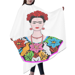 Personality  Frida Kahlo Vector Portrait , Young Beautiful Mexican Woman With A Traditional Hairstyle,  Mexican Crafts Jewelry And Dress, Vector Isolated Hair Cutting Cape