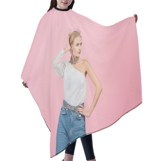 Personality  Blonde Woman Adjusting Luxury Crown And Standing With Hand On Hip Isolated On Pink  Hair Cutting Cape