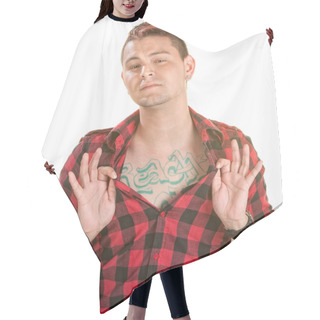 Personality  Man Shows Chest Tattoo Hair Cutting Cape