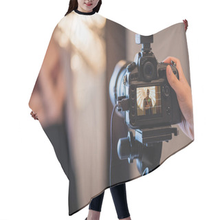 Personality  Selective Focus Of Photographer Taking Photo Of Stylish Model  Hair Cutting Cape