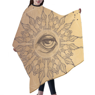 Personality  All-seeing Eye With Decorative Ornament Of Leaves On Beige Background. Hair Cutting Cape