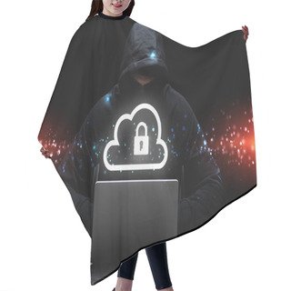 Personality  Hacker In Hood Using Laptop Near Cloud With Padlock On Black  Hair Cutting Cape