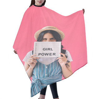 Personality  Woman With Girl Power Board In Hands Hair Cutting Cape