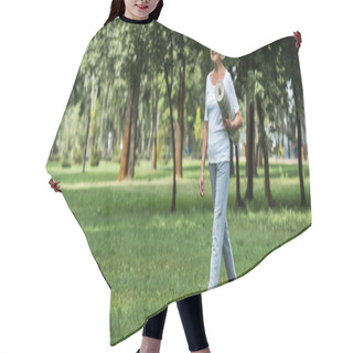 Personality  Happy Senior Woman Walking In Park And Holding Fitness Mat Hair Cutting Cape