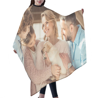 Personality  Young Family With Adorable Labrador Puppy In Front Of Cardboard House Hair Cutting Cape