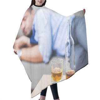 Personality  Bottle Of Alcohol On Table And Sleeping Drunk Man Hair Cutting Cape