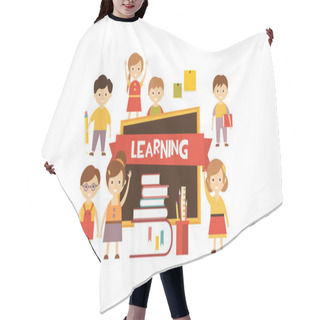 Personality  Group Of Cute Little Kids, Blackboard And Stack Of Books, Learning Concept Vector Illustration Hair Cutting Cape