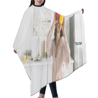 Personality  Panoramic Shot Of Happy Woman Holding Red And Yellow Paprika  Hair Cutting Cape