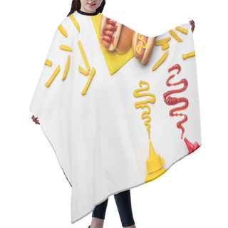 Personality  Top View Of Hot Dogs With Mustard And Ketchup On White Marble Surface Hair Cutting Cape